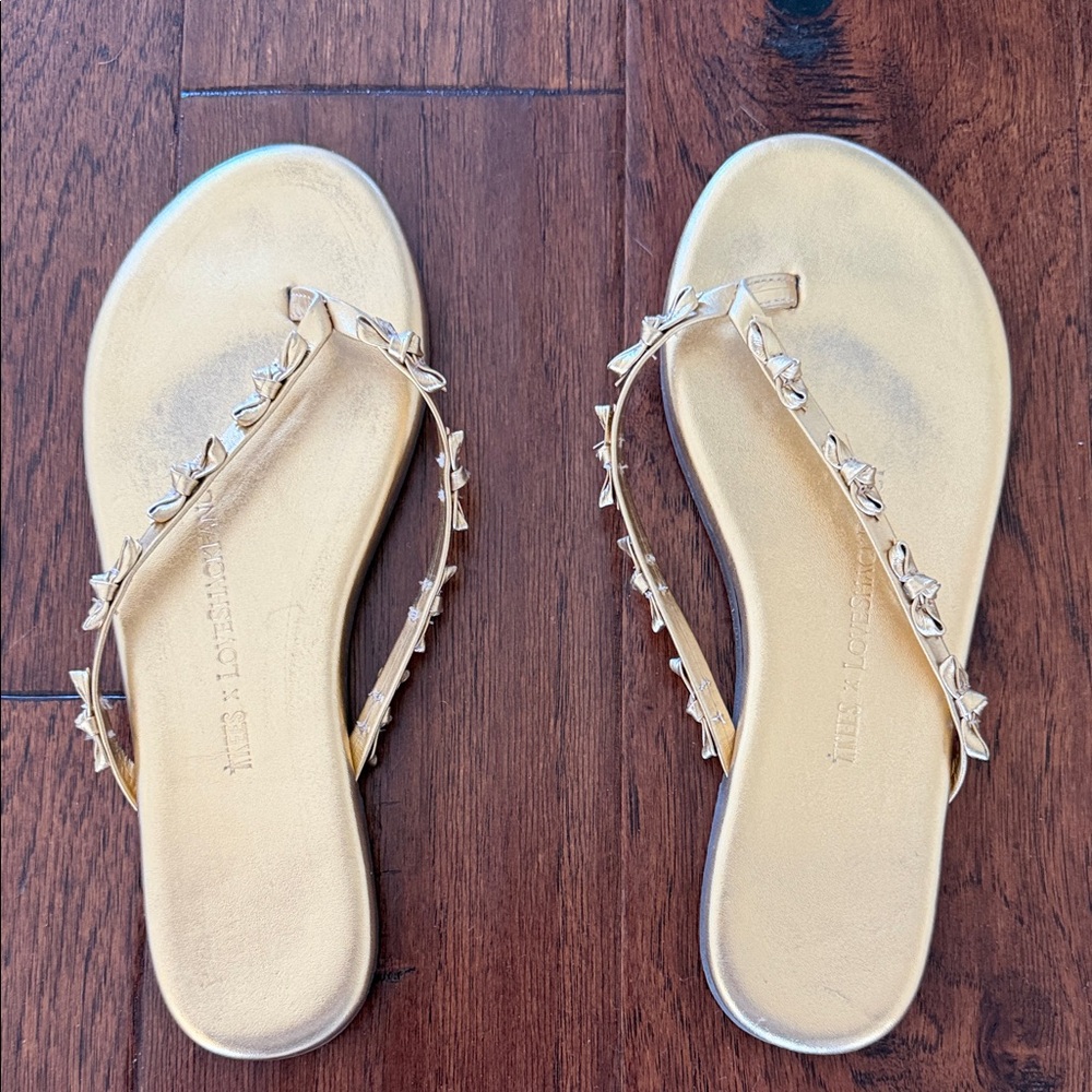 LoveShackFancy Metallic Gold Studded Thong Sandals
